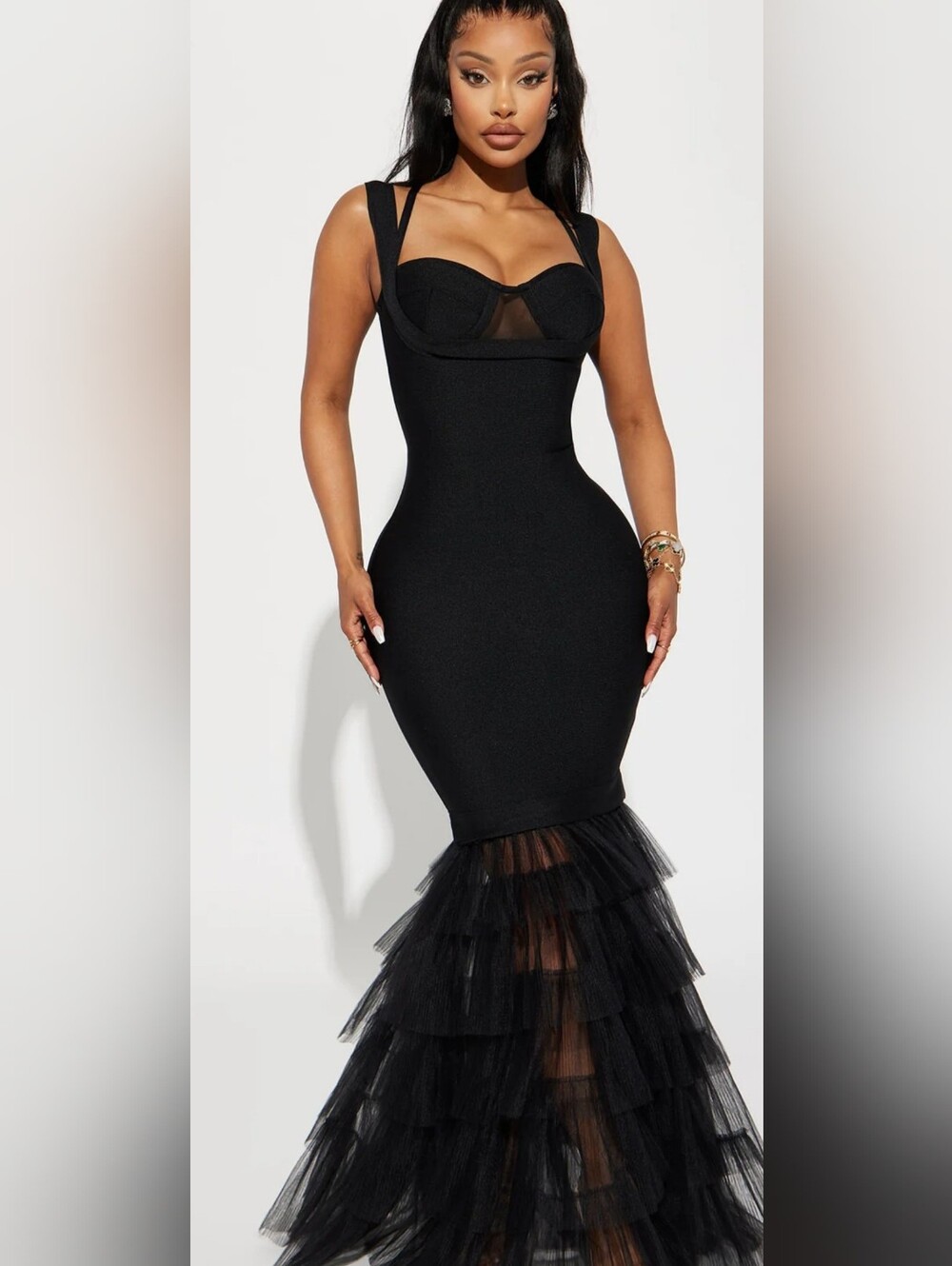 Fashion Nova Black Tulle-Hem Mermaid Maxi Dress